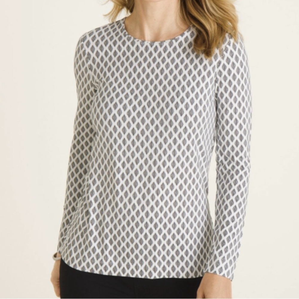 Chico's Size 3 Geometric Print Essential Layer Top Long Sleeve White Black